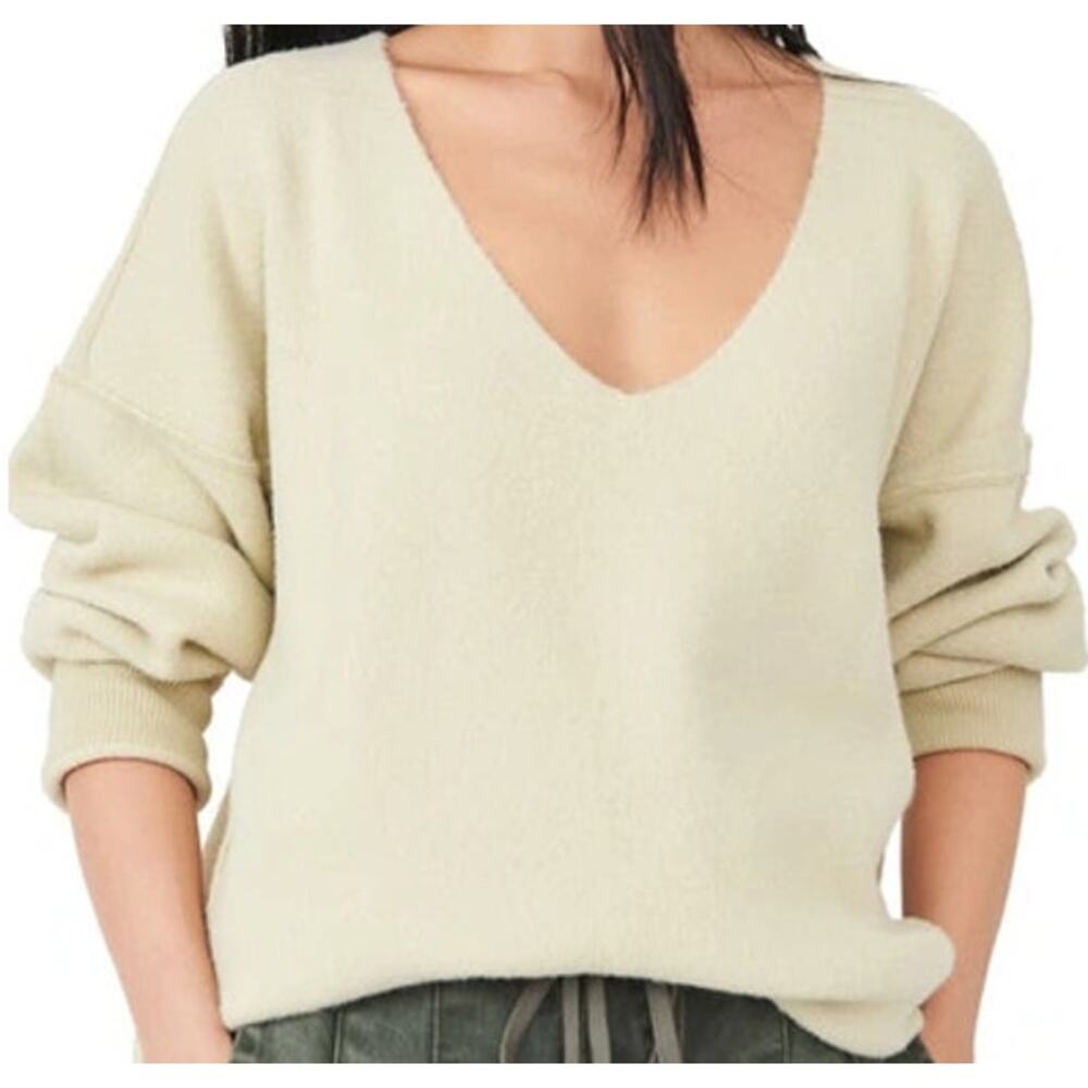 Free People Sweater Weather Pullover Drop Shoulder Side Slits V-Neck Marzipan S